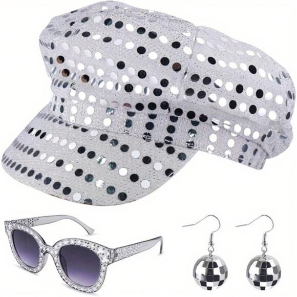 3pcs/Set Vintage Disco Women\'s Clothing Set - Including Glasses, Hat, Earrings